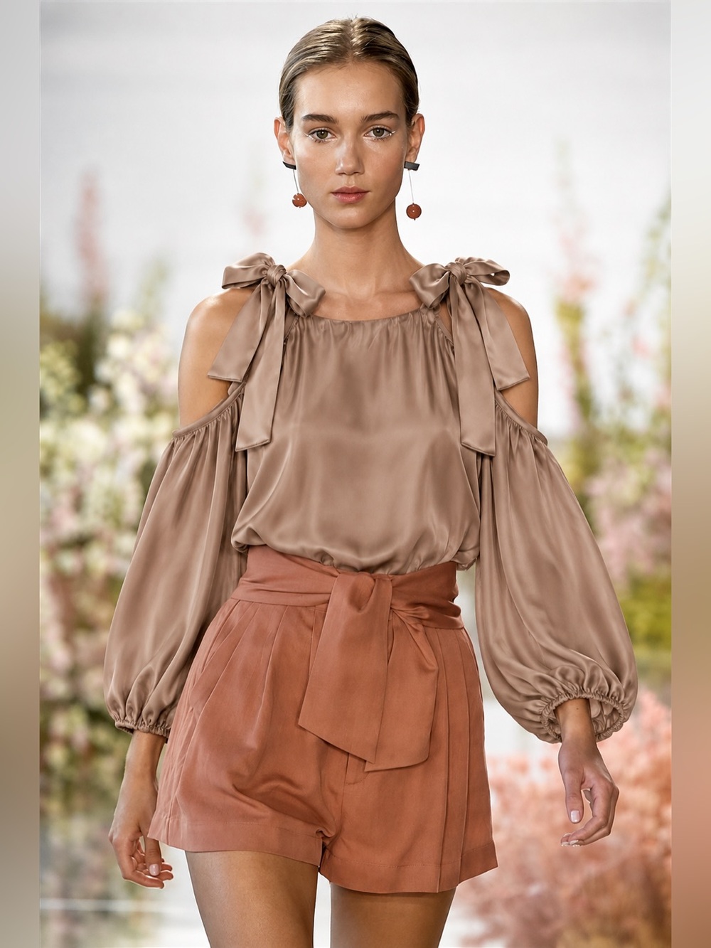 ZIMMERMANN Pure Silk Cold Shoulder Flowy Cinched Sleeve Blouse Top